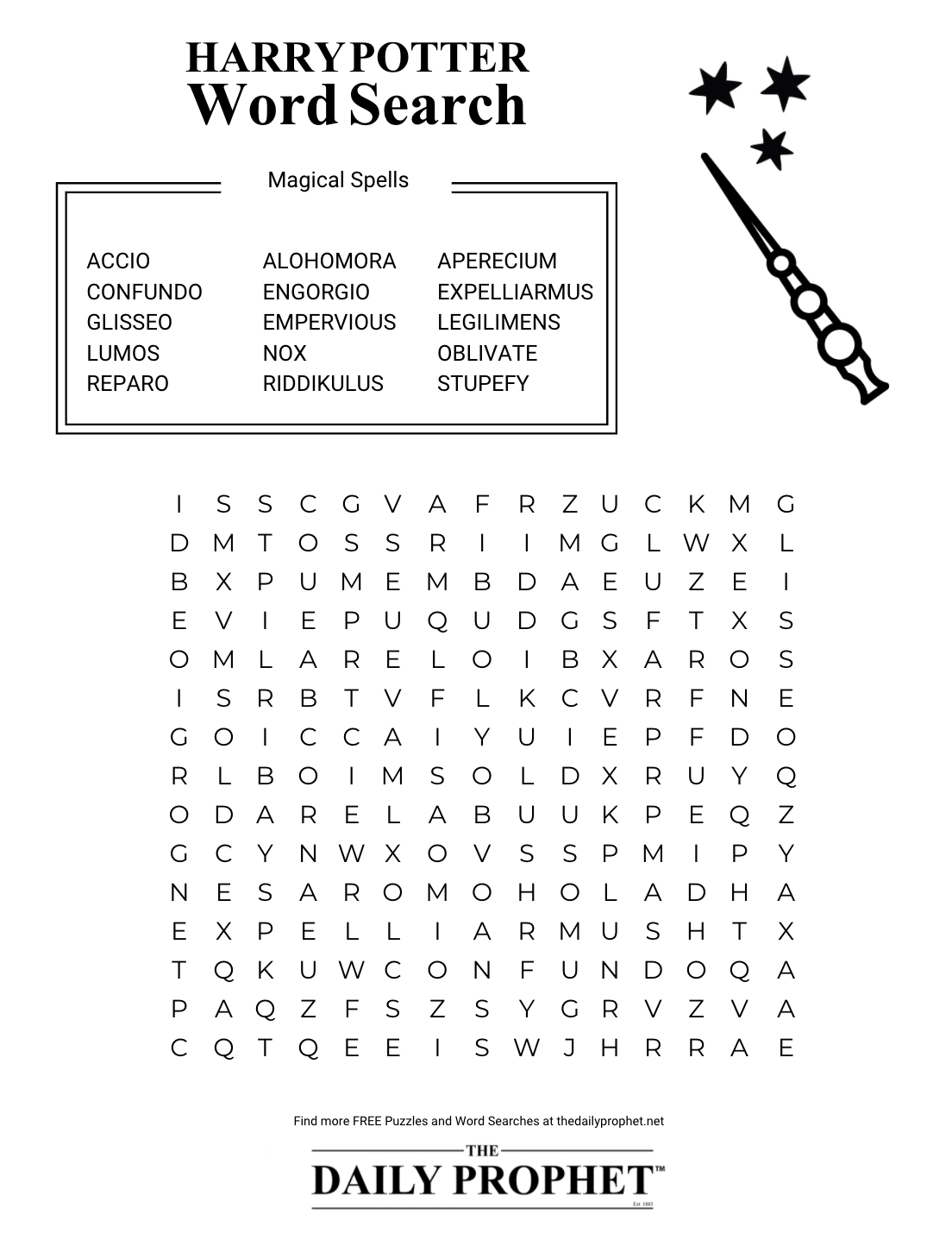 Harry Potter Word Search with Magical Spells