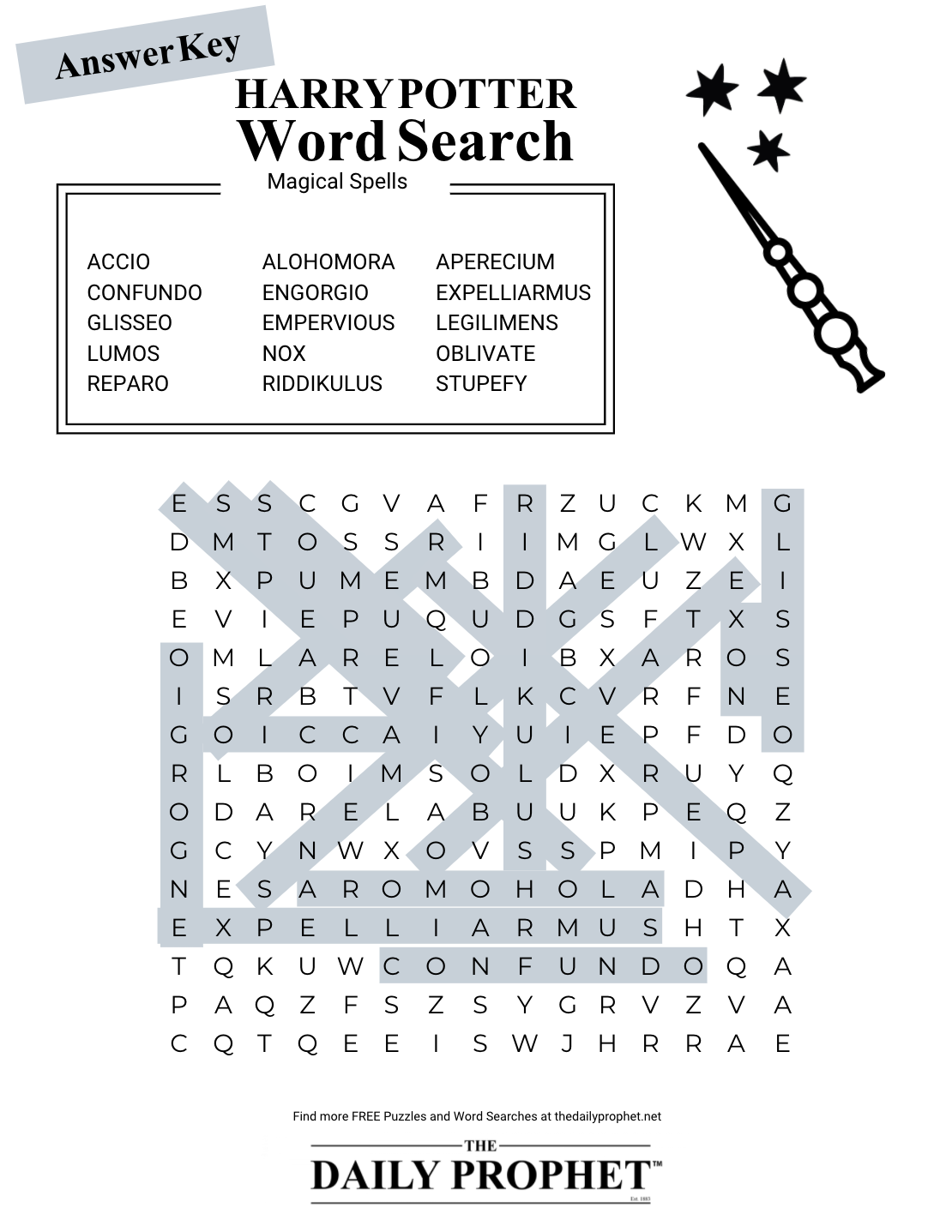 Harry Potter Word Search Answer Key