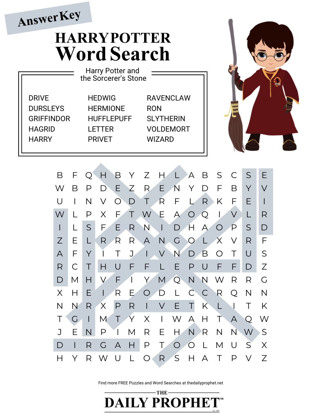 Harry Potter Word Search Answer Key